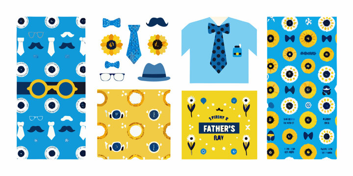 father s day themed flat design elements with blue yellow patterns fathers pattern tie bow hat