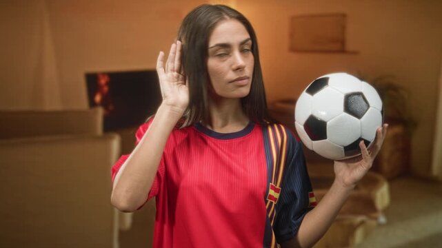 Woman in red soccer jersey holding soccer ball with right hand and cupping left ear while facing camera inside building living room; anticipation team support.