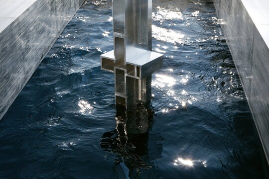 Polished aluminum device partially submerged in churning blue water within a metal trough