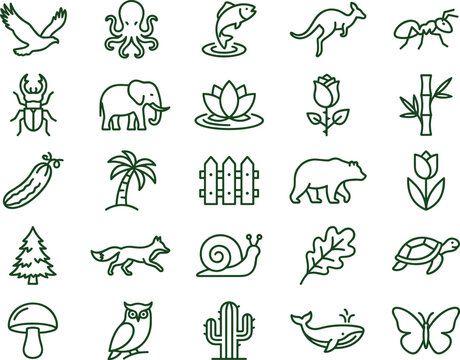 Set of green linear icons featuring wild animals and nature elements on white background.