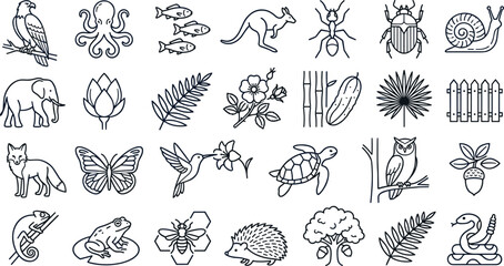 Set of black linear icons with wild animals and flora elements on white background. © Nurchhana