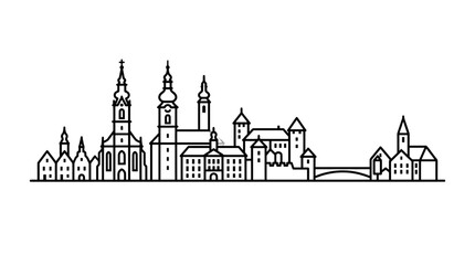 Obraz premium Cityscape Skyline Outline Drawing of Historic Buildings and Bridges