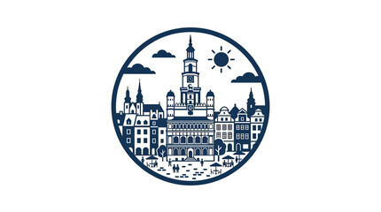 European Cityscape Emblem, Old Town Buildings, Square, Sun, Clouds, Vector Icon © alam