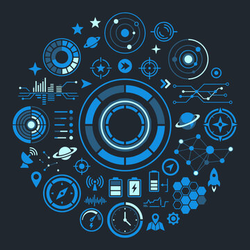 Blue futuristic technology icons arranged in a circle