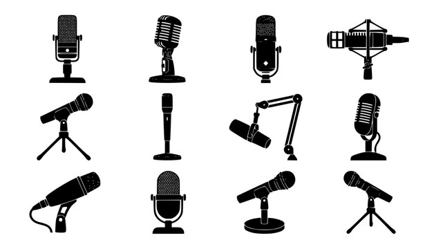 Vintage microphone silhouette vector collection featuring classic recording studio broadcast and retro audio equipment isolated on white background