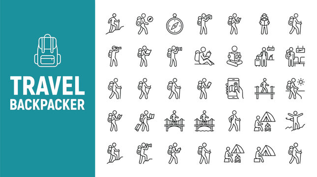 Set of black and white line art icons depicting various travel activities for backpackers