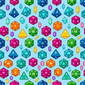 Seamless pattern with colorful polyhedral dice and gems