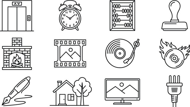 Set of black linear icons with retro lifestyle and vintage household objects on white background.