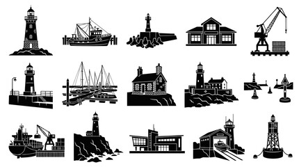 Obraz premium Nautical Maritime Shipping Glyph Icon Set with Lighthouses, Boats, Harbors, Buoys Coastal Structures