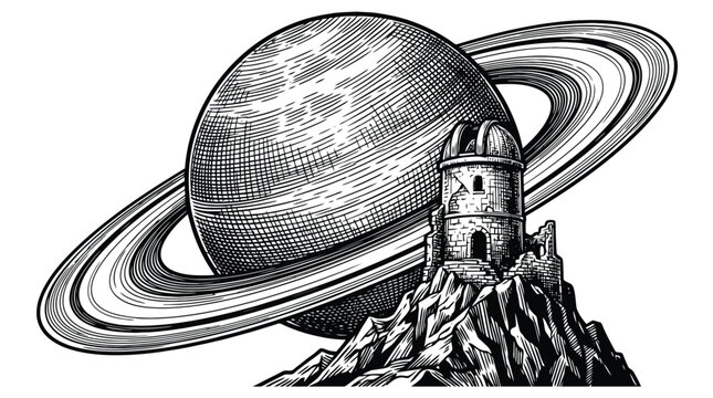 Space exploration vector illustration of rocket launch near ringed planet.