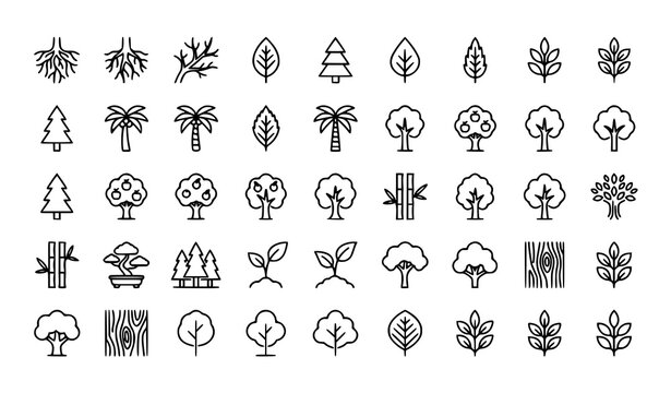 Minimal Tree Line Icon Bundle with Roots Branches Leaves Apple Orange Evergreen Tropical Thin Linear Vector Symbols Editable Stroke Isolated on White Background