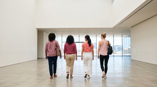 Four women walking through a modern art gallery