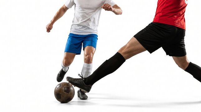 Anonymous soccer attacker dribbling past defender isolated on white background