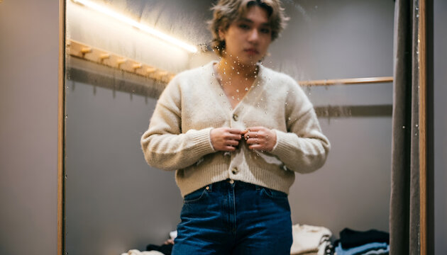 Young Man Trying Cardigan In Fitting Room Mirror For Fashion