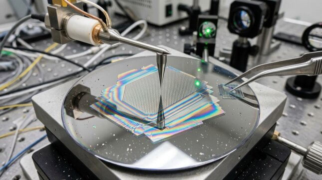 A macro laboratory close-up shows layered hexagonal boron nitride sheets under a probe tip, with iridescent fringes, atomic-scale lattice patterns, and thin-film samples on a polished substrate; laser