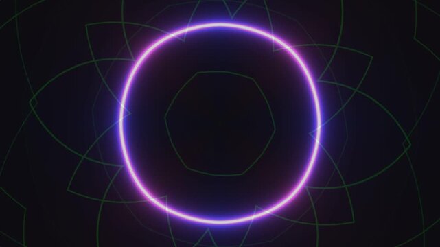 Vibrant magenta and pink neon ring pulsates with energetic radiating light beams, creating a mesmerizing, cyclical motion effect against a dark, starburst-like backdrop, evoking a