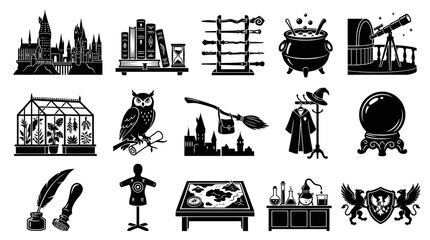 Fototapeta premium Magical School Objects Black White Glyph Icons - Fantasy Elements