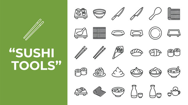 Set of black and white line art icons depicting various professional kitchen tools used for preparing fresh Japanese sushi rolls