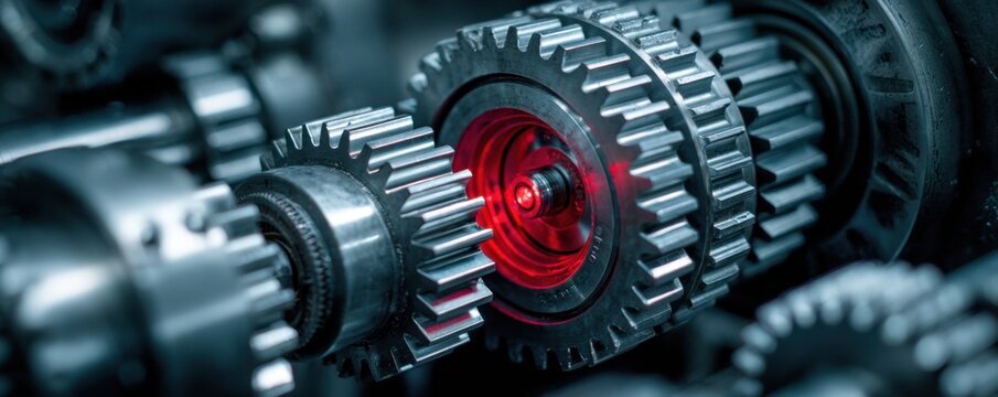 Precision metallic gears and cogs with a glowing red center, industrial mechanical components for engineering and technology