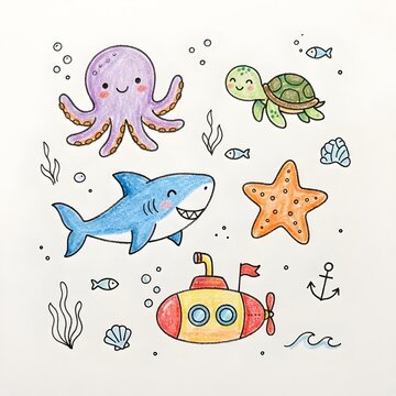 Playful children doodle collection of cute sea creatures including octopus, sea turtle, shark, starfish, and submarine. Colored pencil sketch style isolated on a solid white background.