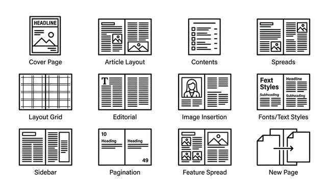 Newspaper and Magazine Layout Icons: Cover, Article, Editorial, Spreads, Grid, Fonts