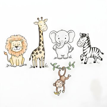 Friendly wild safari animals children doodles featuring a cute lion, giraffe, elephant, zebra, and monkey. Childlike colored pencil hand-drawn collection on white background.