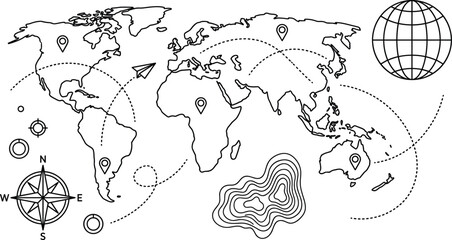 World Map and Global Travel Icon Set with Flight Paths, Location Map Pins, Compass Rose, Earth Globe, and Topographic Contour Lines Line Art Vector Illustration © Yousuf