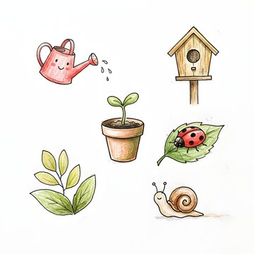 Cute simple backyard garden doodles for kids featuring a watering can, plant sprout, ladybug, snail, and birdhouse. Hand-drawn colored pencil element set on white background.