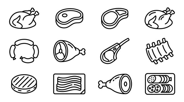 Meat Icons Set: Chicken, Steak, Ribs, Sausages, Ham Hock, Bacon, Burger