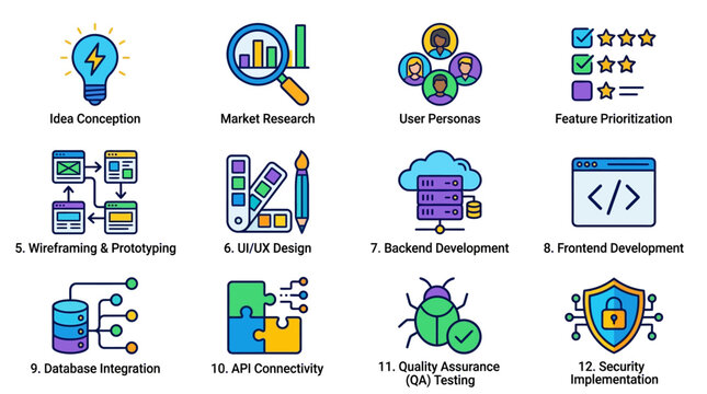 Product development roadmap and UI/UX design process icons.