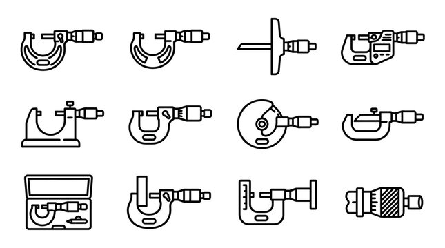 Micrometer Tools Collection: Precision Measurement Instruments Icons Set