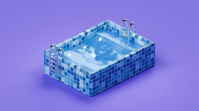 3d tiled isometric swimming pool with moving water, purple background