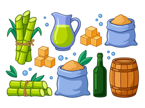 Sugarcane Processing Set with Stalks, Sugar Cubes, Juice, and Rum Bottle