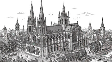 Fototapeta premium Gothic Cathedral Cityscape Drawing - Detailed Architectural Illustration