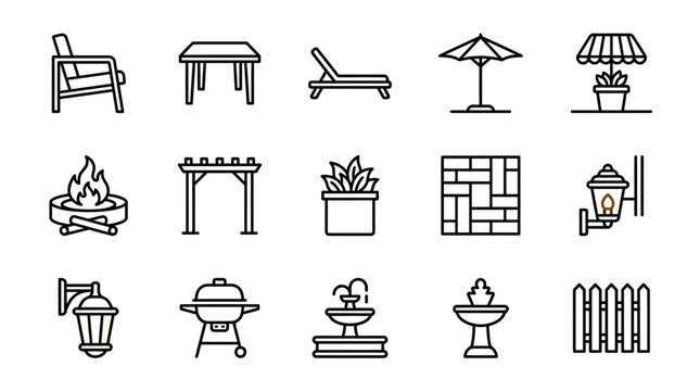 Outdoor Living Icons: Patio Furniture, Garden Decor, BBQ, Fire Pit, Lighting, Fence, Pergola