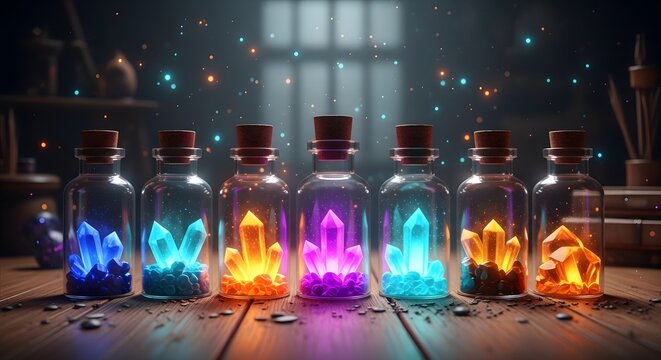 Glowing magic crystal potion bottles on wooden table
