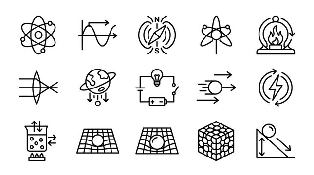 Science and Physics Icons: Atom, Waves, Magnetism, Energy, Light, Gravity, Electricity, Motion