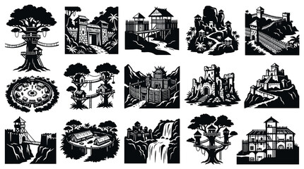 Fototapeta premium Black White Vector Icons of Fantasy Castles, Treehouses, and Fortifications