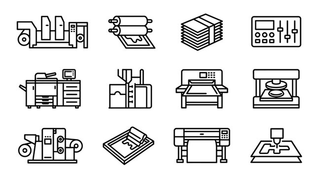 Printing Industry Icons: Offset, Digital, Screen, Large Format, Laser Cutting Machines