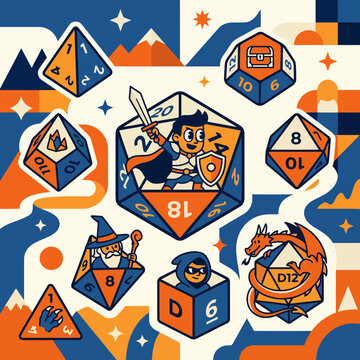 Fantasy tabletop gaming dice with knight and wizard characters