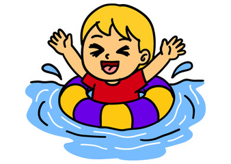 Naklejka premium Cute Cartoon Girl Playing in Swimming Pool with Float Ring