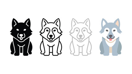 Set of four stylized dog icons depicting different artistic styles including solid black silhouette outline line art and full color illustration © Tanha