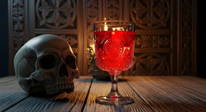 Red cocktail in an ornate glass next to a human skull on a wooden table