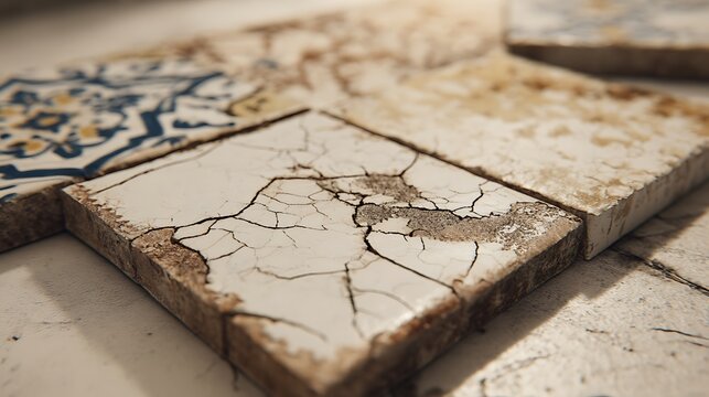 Close up of weathered ceramic tiles with decorative patterns and cracked surface texture.