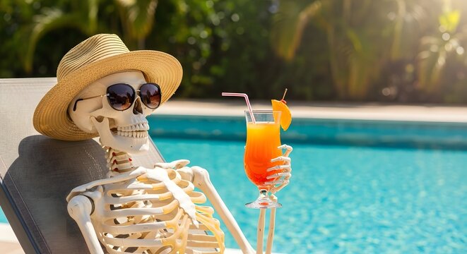 Skeleton relaxing on a lounge chair by a swimming pool holding a tropical cocktail