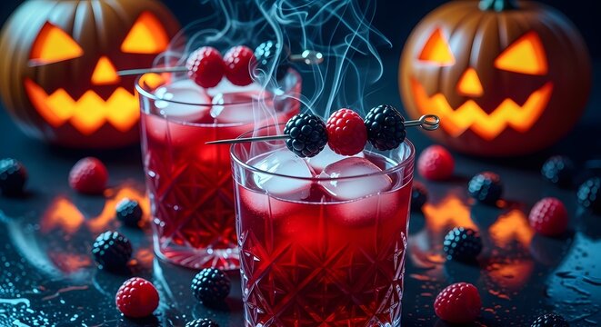 Two glasses of spooky red halloween cocktail with smoking dry ice, blackberries, and raspberries, featuring glowing jackolantern pumpkins