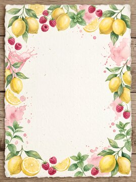 Rustic watercolor frame with lemons raspberries and mint for cafe menu watercolor raspberry lemonade background painting beverage refreshing botanical