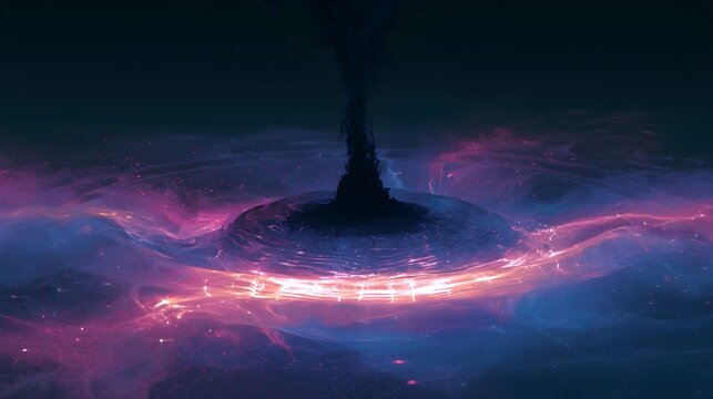 Abstract Futuristic Liquid Vortex on Dark Surface with Intense Glowing Neon Pink and Blue Swirl Patterns Simulating Digital Ink Diffusion