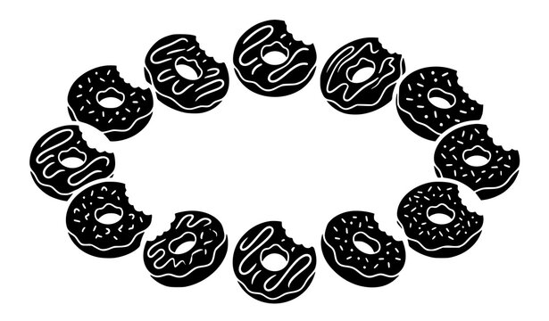 Vintage style bitten donut silhouette vector set with assorted bakery pastry dessert icons isolated on white background for food branding