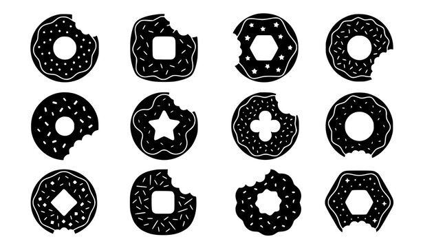 Bitten donut black silhouette vector collection featuring assorted pastry icons for bakery dessert food branding isolated on white background